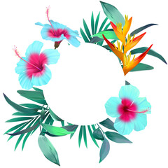 Frame tropical leaves, flower and branches isolated on white background. Illustration for design wedding invitations, greeting cards, postcards. Spring or summer flowers with space for your text