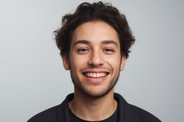 Fototapeta premium Everyday people. A smiling young man with brown wavy hair. Wearing a dark tshirt. Friendly and helpful. University student. On a light grey studio background. Portrait.