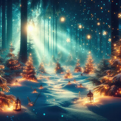 Trees decorated with lights, Christmas atmosphere in the magical forest, Culture and Religion concept, generative ai