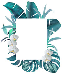 Frame tropical leaves, flower and branches isolated on white background. Illustration for design wedding invitations, greeting cards, postcards. Spring or summer flowers with space for your text