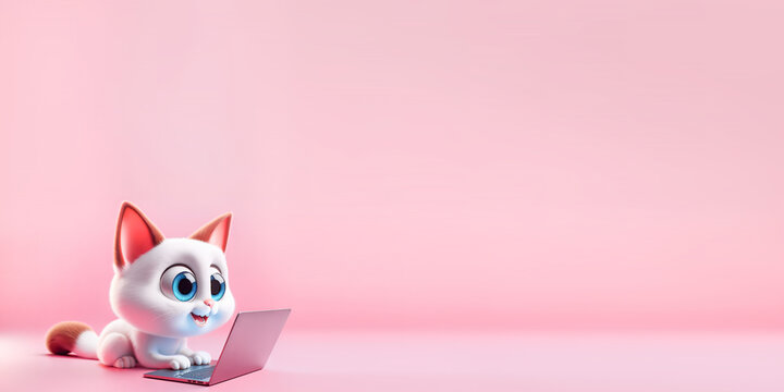 Cute cartoon cat working on a laptop, pink background