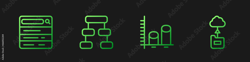 Poster set line data analysis, search engine, hierarchy organogram chart and cloud technology data transfer