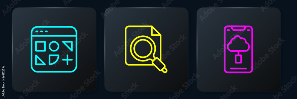 Poster set line different files, cloud technology data transfer and search concept with folder. black squar