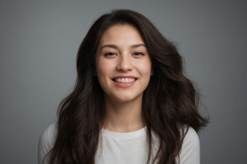 Fototapeta premium Everyday people. A happy woman smiling. Black shoulder length wavy hair. Wearing a white shirt. Pretty woman. University student. Wholesome. On a grey studio background. Portrait.