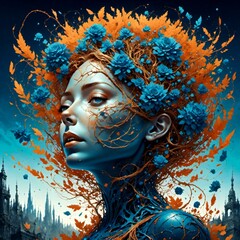 digital artwork featuring a woman's head intertwined with full of branches, blending urban surrealism and haunting motifs. Colored in dark sky-blue and orange, it presents a fusion of metropolis