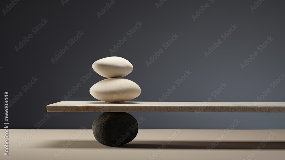 Poster two rocks stacked on top of each other on top of a bench. generative ai