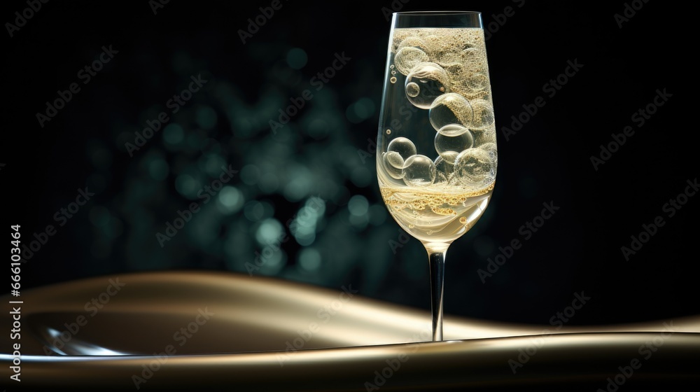 Poster a glass of wine with bubbles in it on a table. generative ai