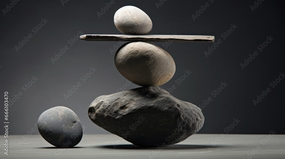 Poster a stack of rocks sitting on top of each other in front of a black background. generative ai
