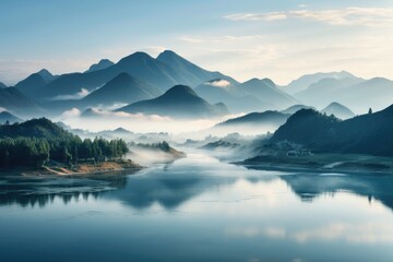Misty mountains meet a serene lake, with a quaint village nestled on the right. - Powered by Adobe
