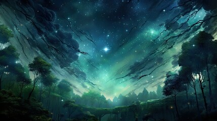  a painting of a night sky with stars and trees in the foreground.  generative ai