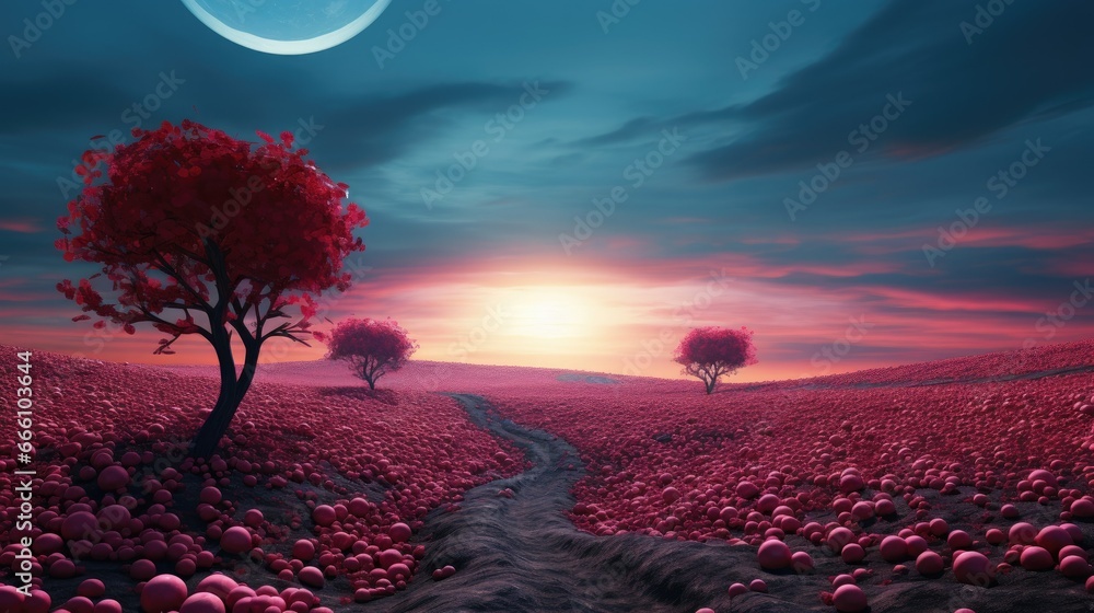 Poster a painting of a sunset and a tree in a field. generative ai