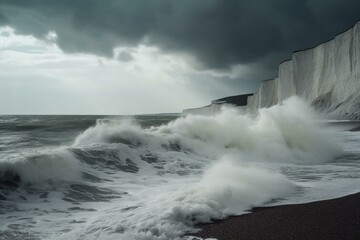 Stormy waves crash against iconic chalk cliffs in East Sussex, UK. Generative AI