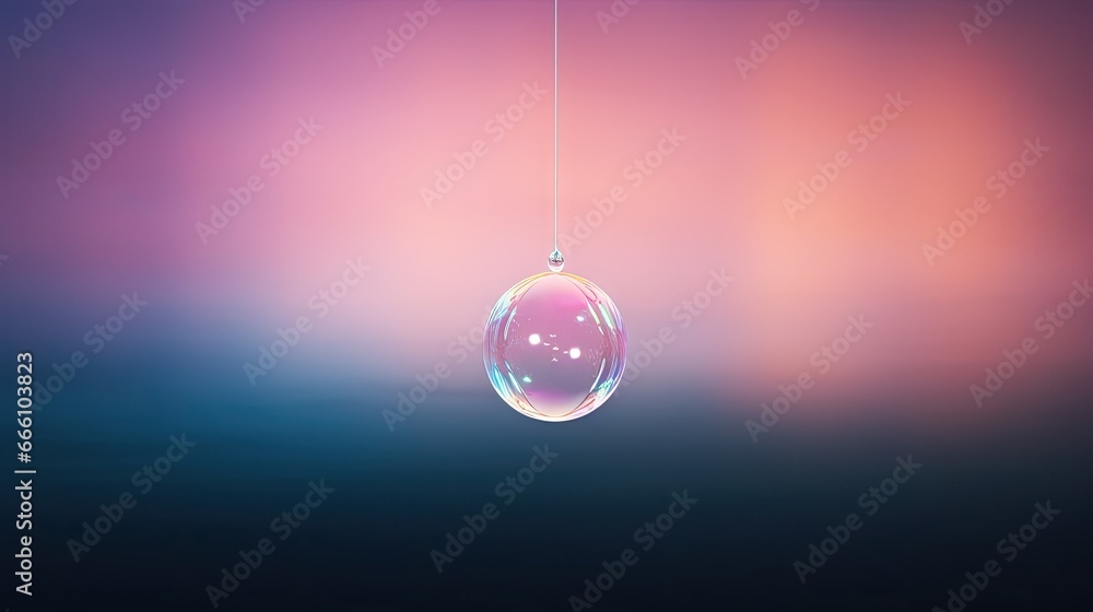 Poster a bubble hanging from a string on a purple and blue background. generative ai