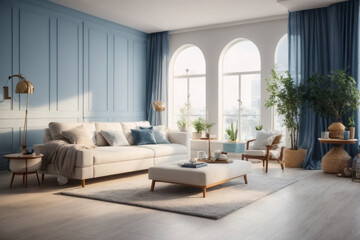 Elegant contemporary living room interior decorated in cozy beige and blue tones. home interior design of modern living room.