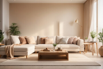 Fototapeta na wymiar Elegant contemporary living room interior decorated in cozy beige tones. home interior design of modern living room.