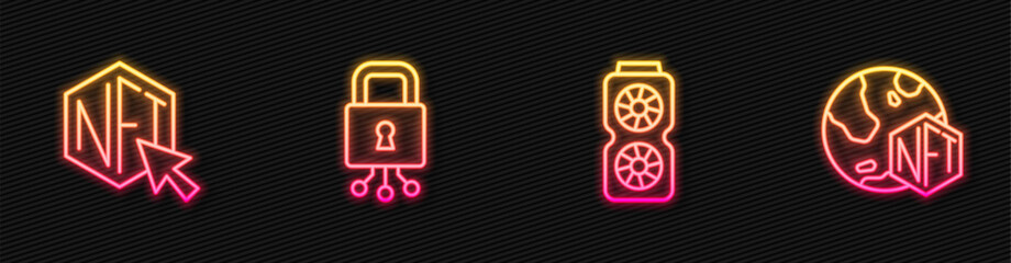 Set line Video graphic card, NFT Digital crypto art, Cyber security and . Glowing neon icon. Vector