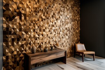 Triangular wood blocks creatively stacked to form a wall, adorned with soft sheen mosaic tiles. Generative AI - obrazy, fototapety, plakaty