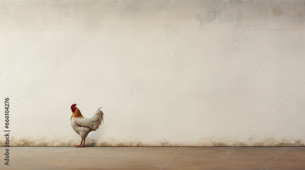 Poster a chicken standing in front of a white wall with a red comb. generative ai