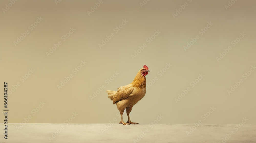 Poster a chicken is standing on a table looking at the camera. generative ai