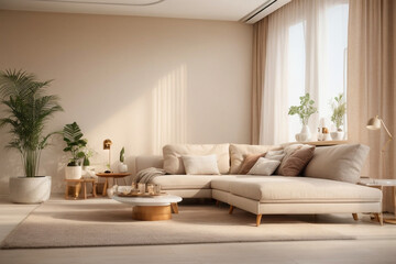 Elegant contemporary living room interior decorated in cozy beige tones. home interior design of modern living room.