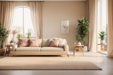 Elegant contemporary living room interior decorated in cozy beige tones. home interior design of modern living room.