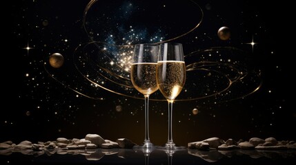  two glasses of champagne are sitting on a black surface with gold swirls and bubbles.  generative ai