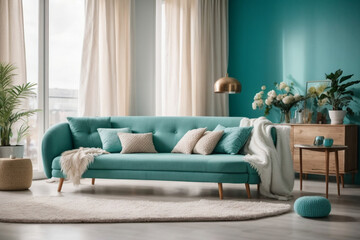Elegant contemporary living room interior decorated in cozy turquoise tones. home interior design of modern living room.