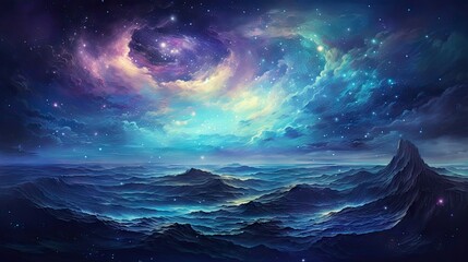  a painting of the ocean with a sky full of stars.  generative ai