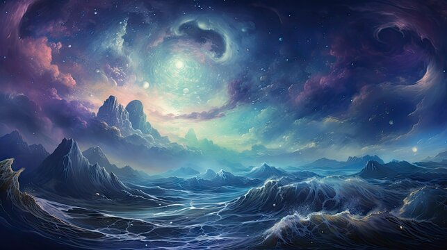  a painting of an ocean scene with mountains and a star filled sky.  generative ai