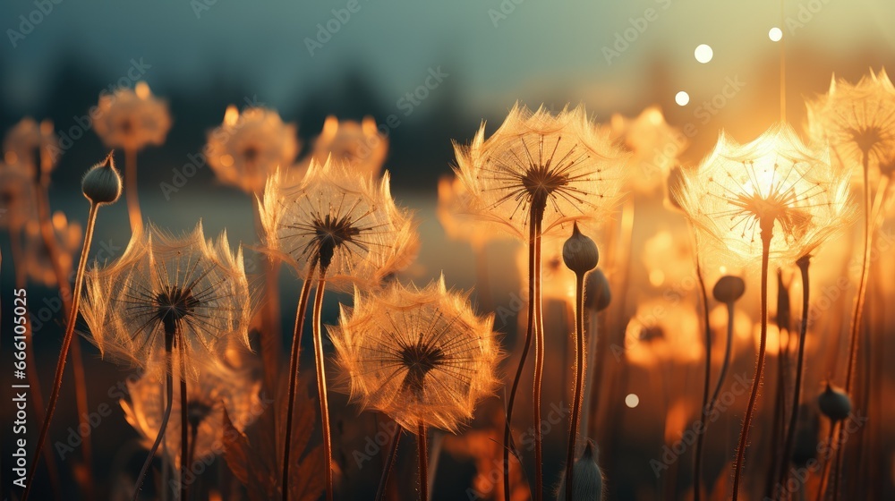Poster a field of dandelions with the sun setting in the background. generative ai