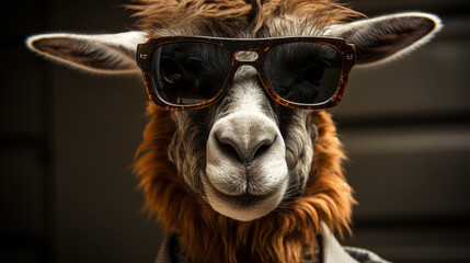 close up of a Fanny llama head With sunglasses