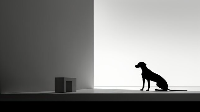  a black and white photo of a dog in a room.  generative ai