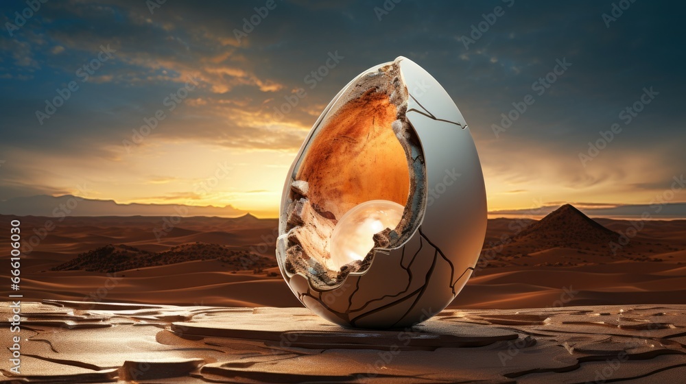 Poster an egg shell in the desert with a sunset in the background. generative ai