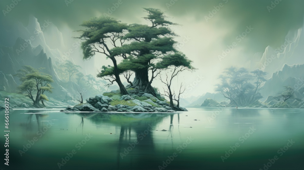 Poster a painting of a tree on a small island in the middle of a lake. generative ai