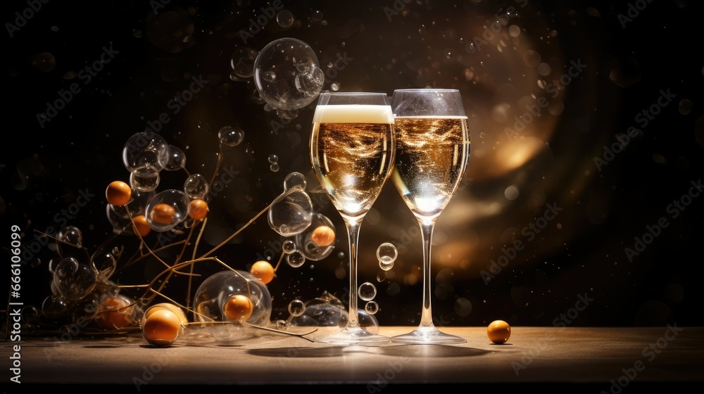 Poster two glasses of champagne with bubbles and oranges on a table. generative ai