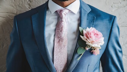 Détail de l'élégance : boutonnière rose sur un costume de marié - obrazy, fototapety, plakaty