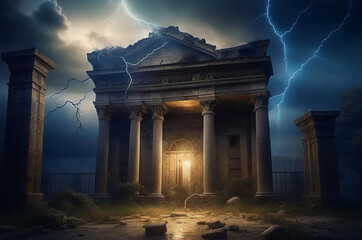 Fototapeta premium A figure with a hidden portal. Dark, gloomy background. Neon rays of electric charge. Fantasy. AI