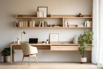 Fototapeta na wymiar Minimalist Home Office with Open Shelving