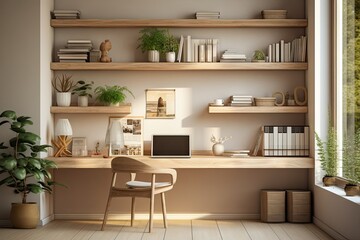 Fototapeta na wymiar Minimalist Home Office with Open Shelving