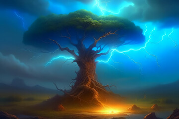 Electrical discharges hit the tree. Dark, gloomy background. Fantasy. AI