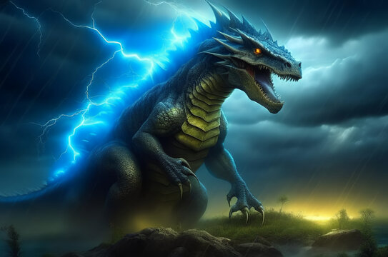 Electrical discharges hit the dinosaur. Dark, gloomy background. Fantasy. AI