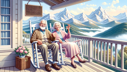 Photo in a soft pastel palette of an elderly couple holding house keys, relaxing in rocking chairs on the veranda of their mountain cabin, with a 'empty' placard and snow-capped peaks.