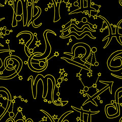 Zodiac horoscope seamless pattern for digital background, wrapping paper, textile print. Magic witch craft esoteric theme. Hand drawn illustration, retro vintage style drawing.