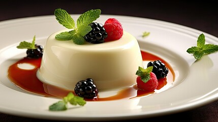  a small dessert with berries on top of a white plate.  generative ai