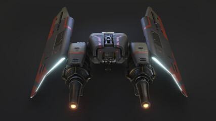 Concept assault fighter, gunship, scratched metal grey-green, orange paint, turbines, guns. Single-pilot spaceship on landing pad. Science fiction military vehicle for space wars. Back view. 3d render