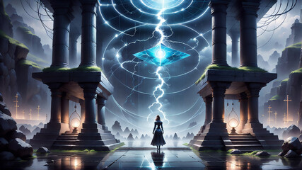 A fantastic portal to another dimension. Transition to another reality. Space geometric shapes. Neon rays and glare. AI
