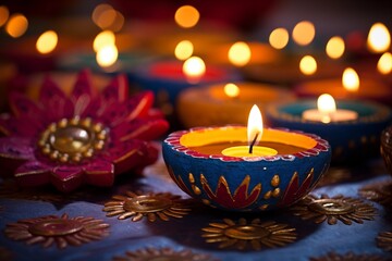 colorful diwali diya lamps in the dark