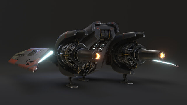 Concept assault fighter, gunship, scratched metal grey-green, orange paint, turbines, guns. Single-pilot spaceship on landing pad. Science fiction military vehicle for space wars. Back view. 3d render