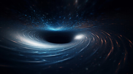 Black hole with a glowing constellation of various colors revolves around a black hole in the universe.	
