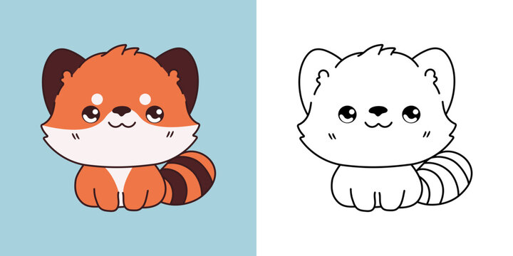 Kawaii Baby Red Panda Multicolored and Black and White. Beautiful Isolated Baby Animal. Funny Vector Illustration of a Kawaii Animal for Prints for Clothes, Stickers, Baby Shower